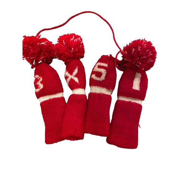 Vintage Red & White Knit Golf Pom Pom Headcovers 1,3,5,X - Picture 1 of 2